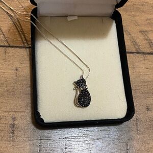 Silver 925 black and clear crystal Cat Pendant Necklace 16” chain